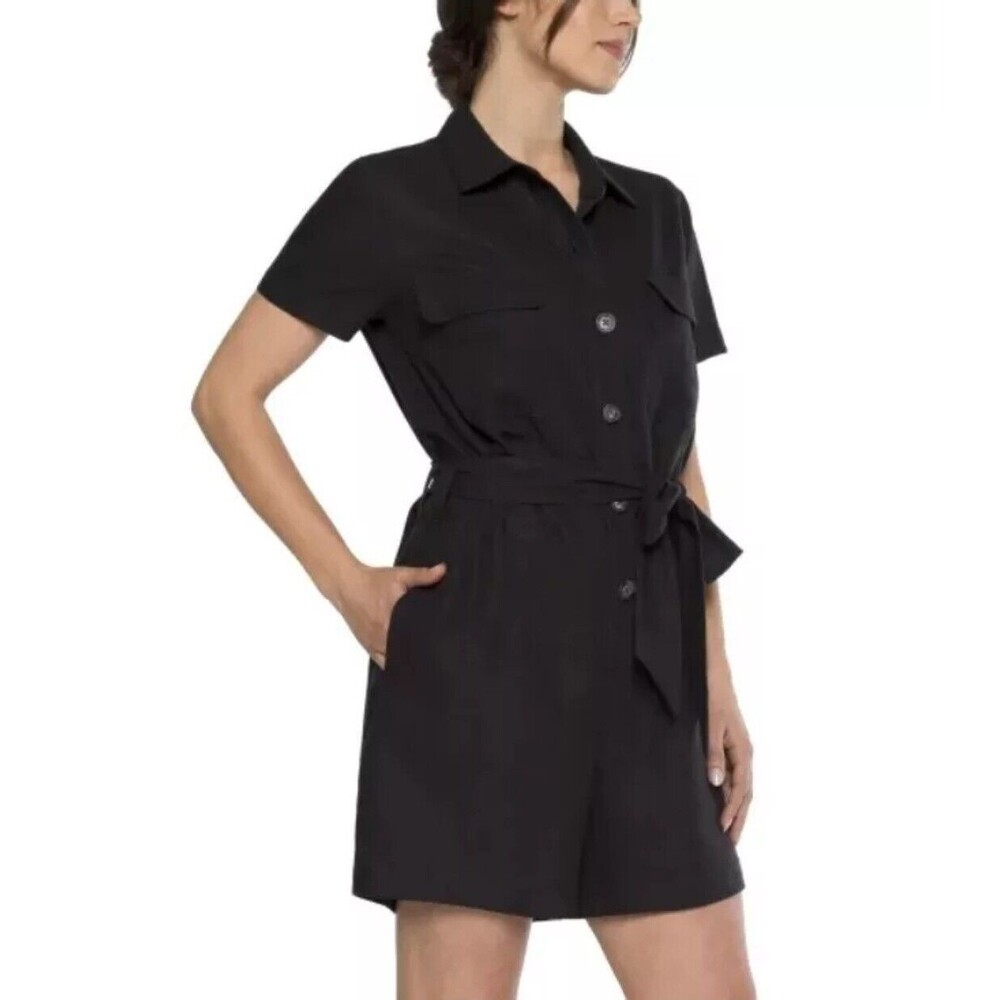 Matty M Women's L Linen Blend Classic Button Front Romper Tie-Waist Black NWT